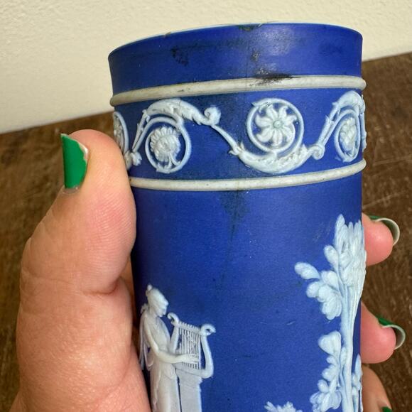Wedgwood‎ England dark blue Navy Jasperware 4 inch Cylindrical Spill Vase - Picture 10 of 12